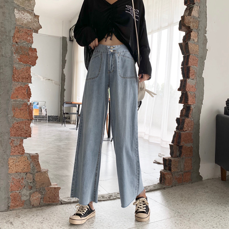 Blugi casual dama - model larg in culoarea albastra