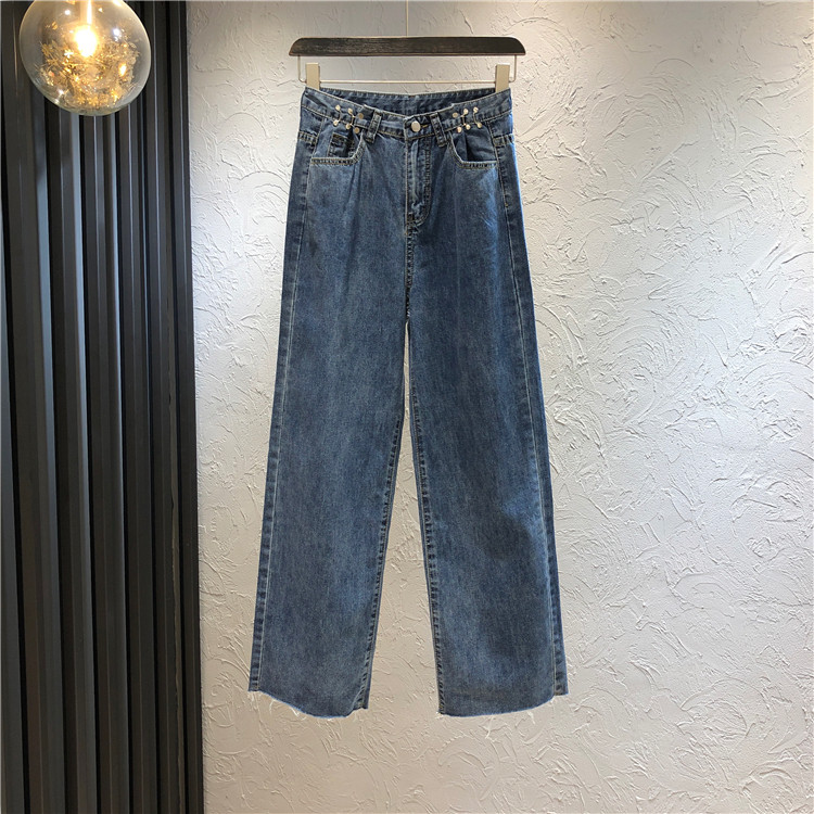 Blugi casual de dama cu talie inalta si decor metalic in albastru