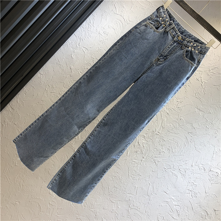 Blugi casual de dama cu talie inalta si decor metalic in albastru