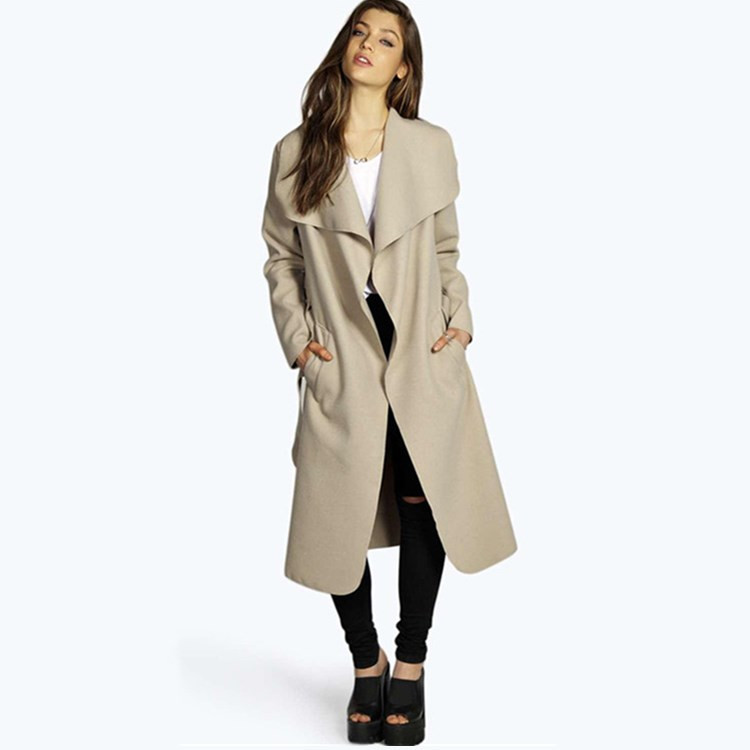 Modern női hosszú kabát zsebbel és nyakkendővel több színben