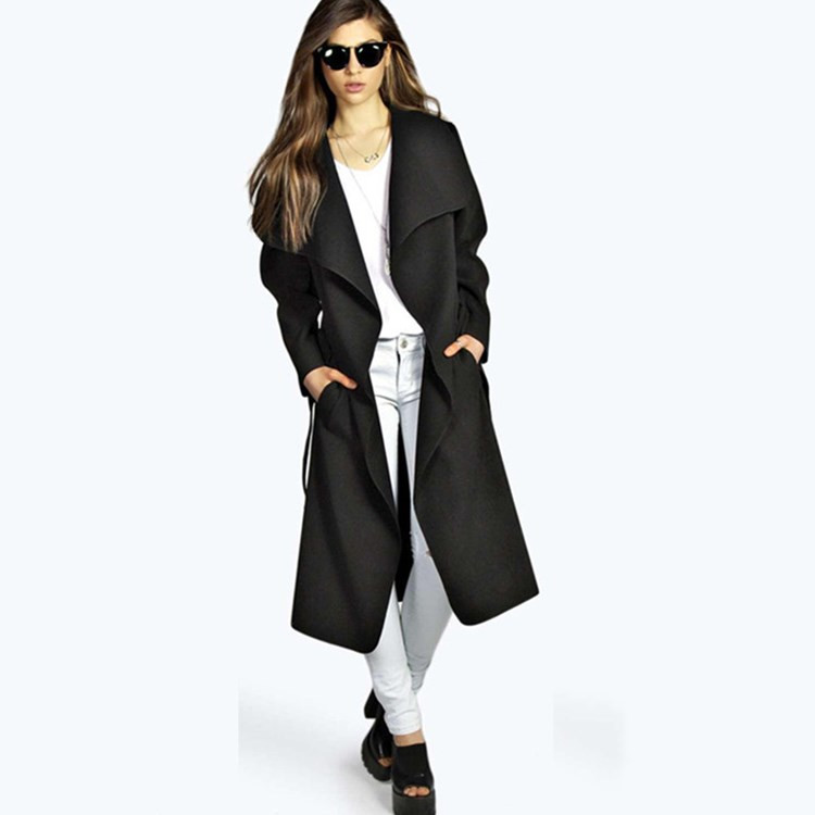 Modern női hosszú kabát zsebbel és nyakkendővel több színben