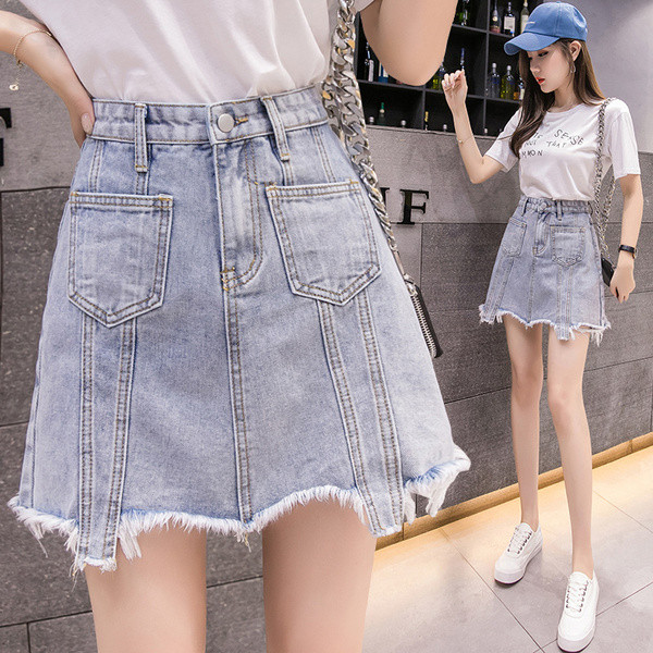 Fusta de dama moderna de culoare albastru deschis cu talie inalta