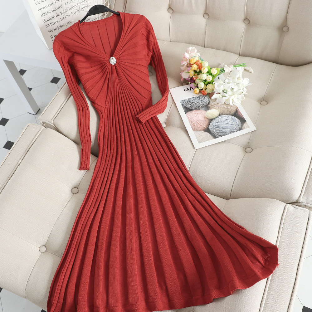 Rochie lunga de dama de toamna cu decor in trei culori