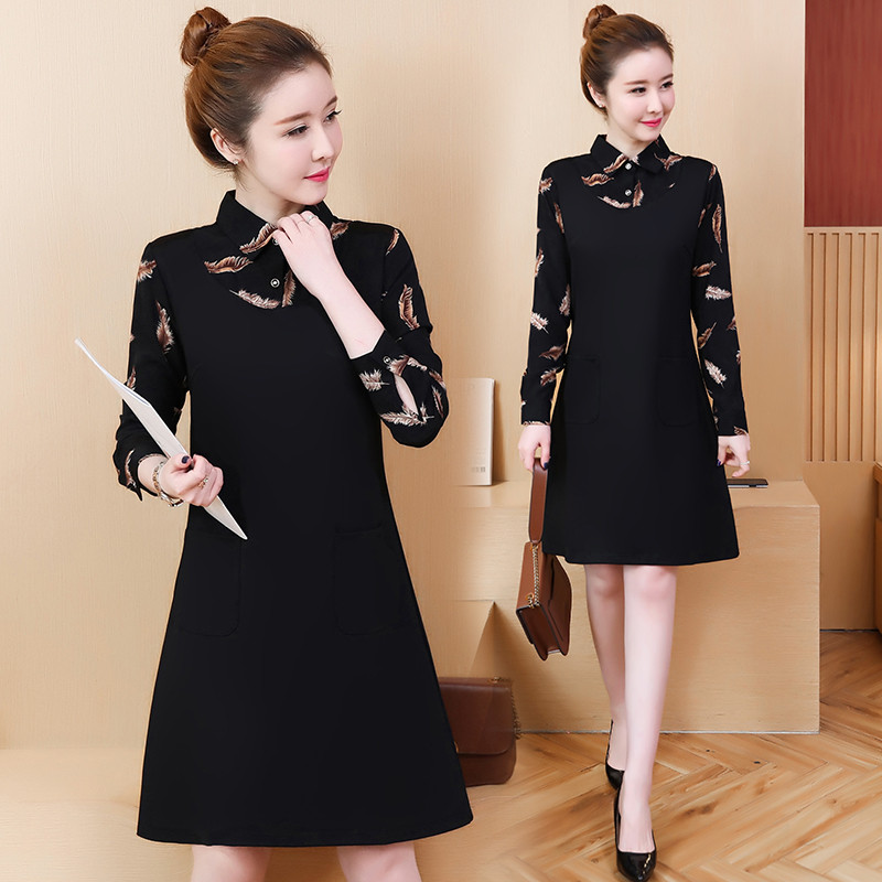 Rochie moderna de dama cu guler inalt si maneci 3/4 in negru