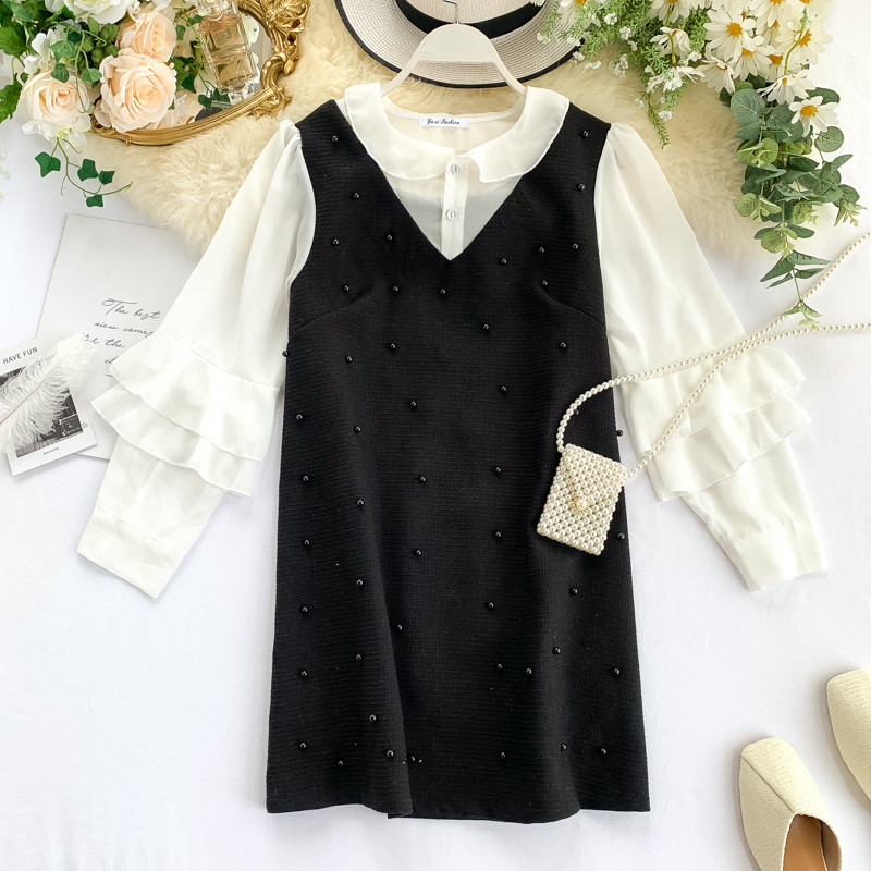 Rochie de dama eleganta cu perle in alb si negru