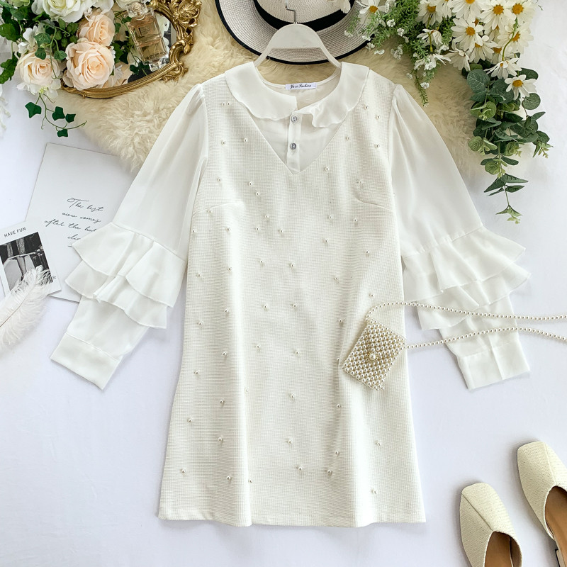 Rochie de dama eleganta cu perle in alb si negru