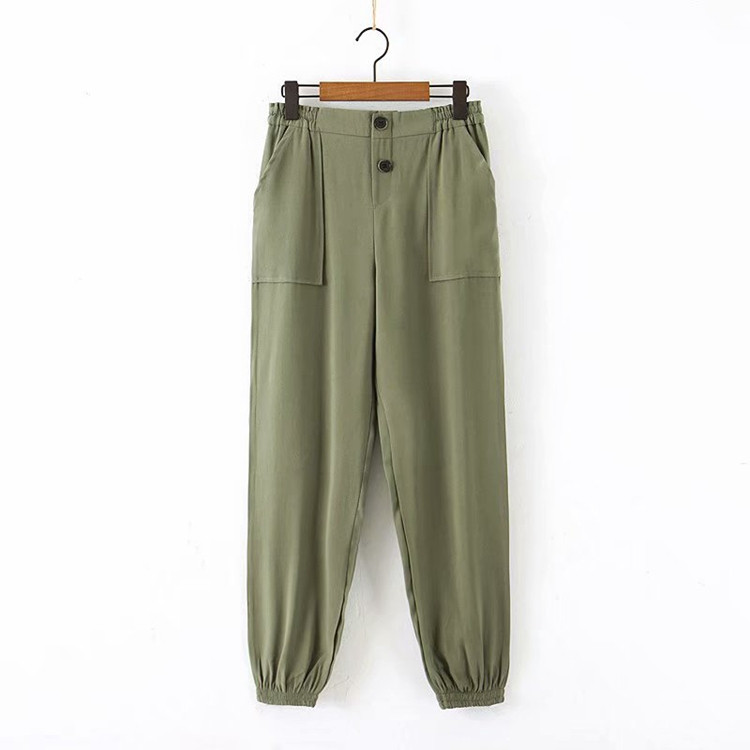 Pantaloni casual dama cu talie elastica in verde si negru