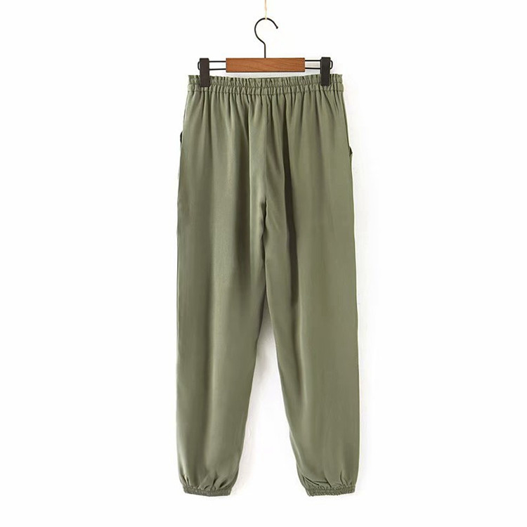 Pantaloni casual dama cu talie elastica in verde si negru