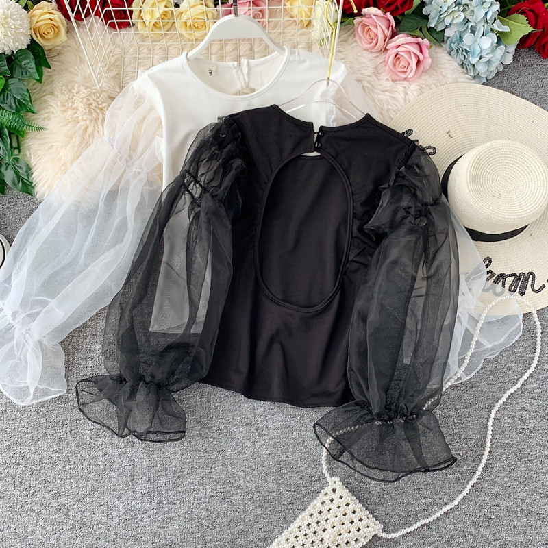 Bluză de damă modernă cu mâneci largi din tul alb-negru