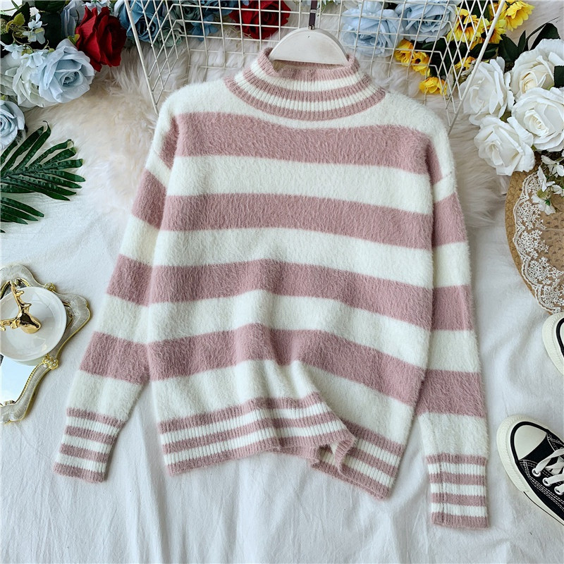 Pulover de dama in dungi cu guler inalt in patru culori