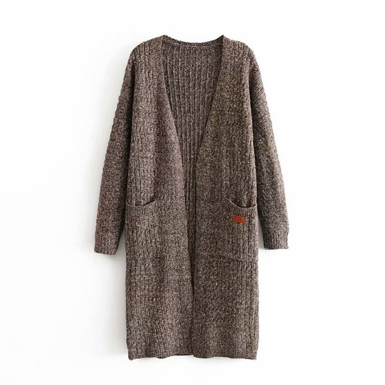 Hosszú, szürke színű női kardigán, zsebekkel, rögzítés nélkül