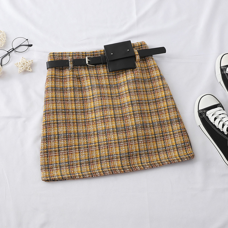 Fusta dama in carouri cu talie inalta si curea in doua culori