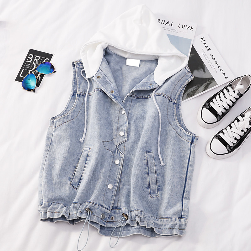 Γυναικείο γιλέκο denim με κουκούλα σε δύο χρώματα