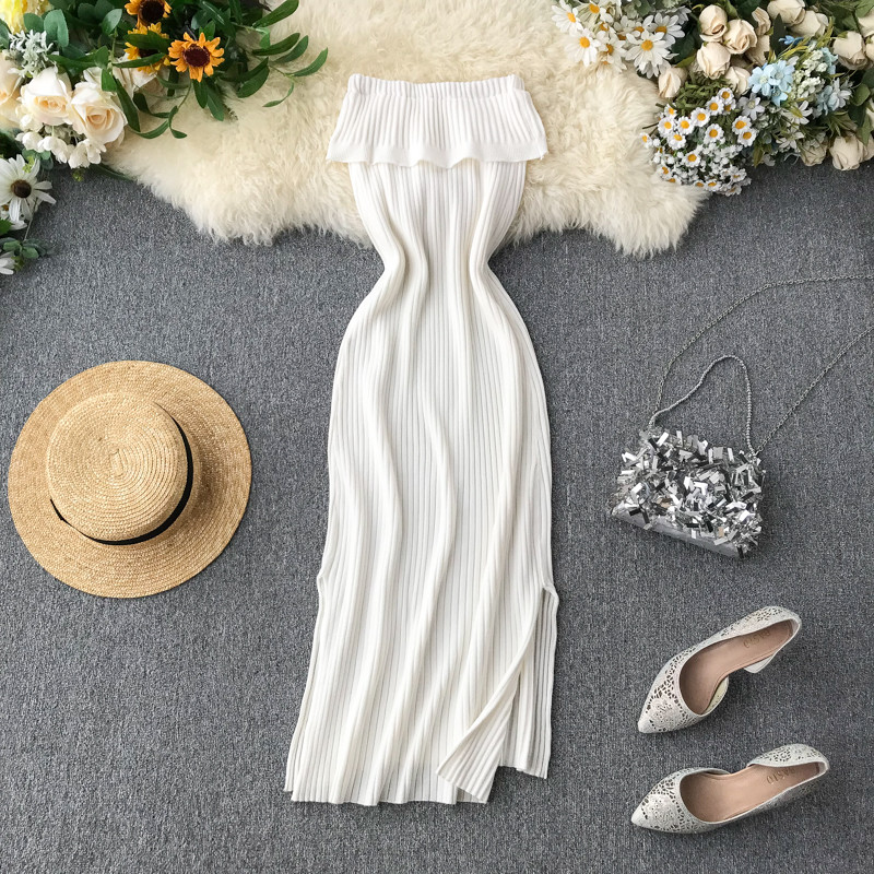 Rochie moderna de dama realizata din tricotat subtire fara bretele in doua culori