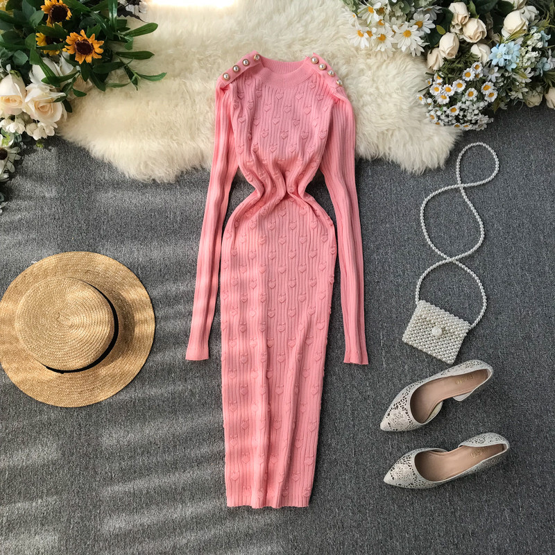 Rochie de dama cu maneci lungi si perle elementare in mai multe culori