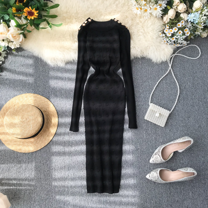 Rochie de dama cu maneci lungi si perle elementare in mai multe culori