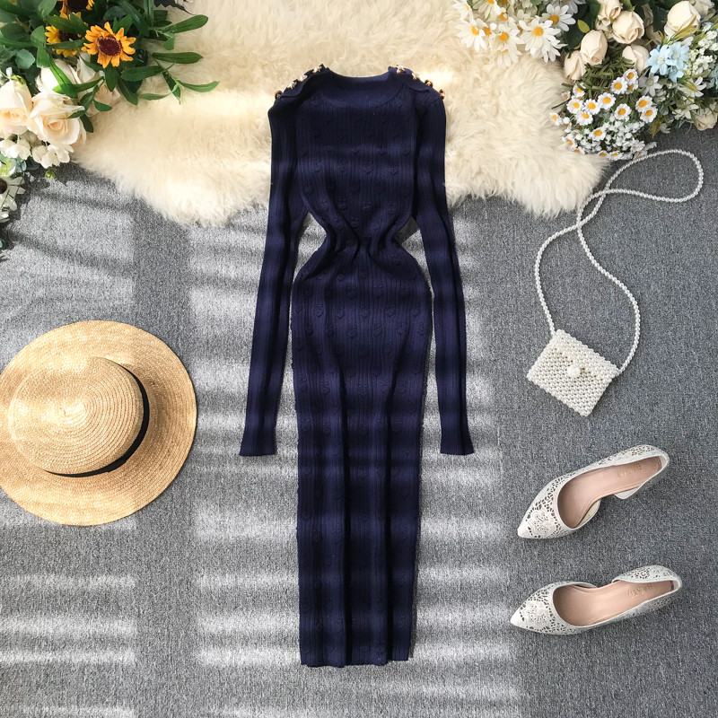 Rochie de dama cu maneci lungi si perle elementare in mai multe culori