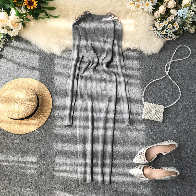 Rochie de dama cu maneci lungi si perle elementare in mai multe culori