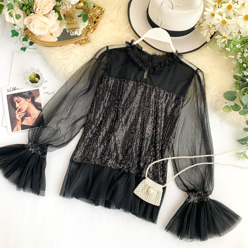 Bluză de damă modernă cu paiete și mâneci lungi în patru culori