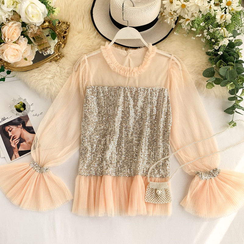 Bluză de damă modernă cu paiete și mâneci lungi în patru culori