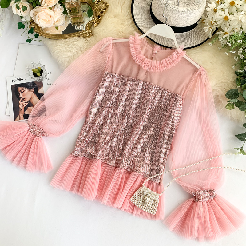 Bluză de damă modernă cu paiete și mâneci lungi în patru culori