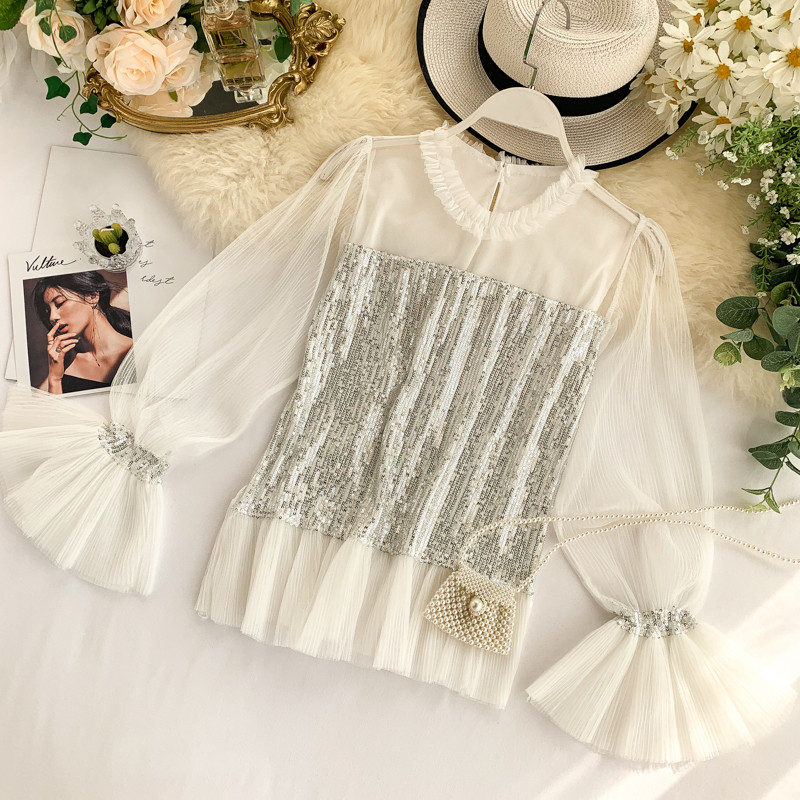 Bluză de damă modernă cu paiete și mâneci lungi în patru culori