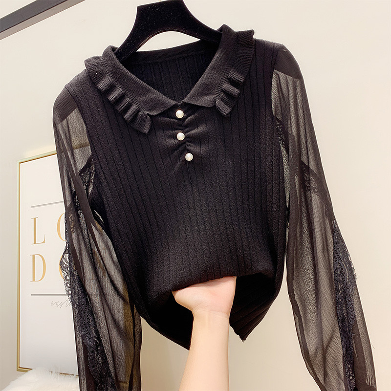 Γυναικεία μπλούζα με πέρλες και δαντέλα