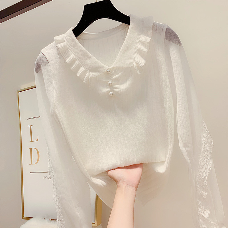 Γυναικεία μπλούζα με πέρλες και δαντέλα