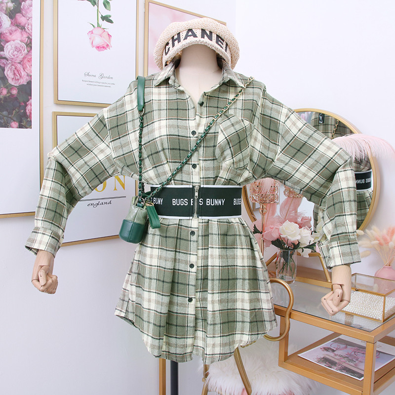 Camasa de dama in carouri model nou cu nasturi si curea verde si negru