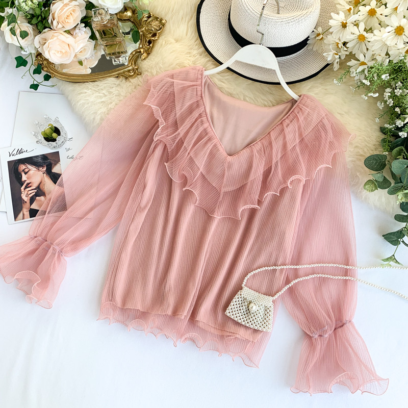 Bluză de damă modernă cu tul în cinci culori