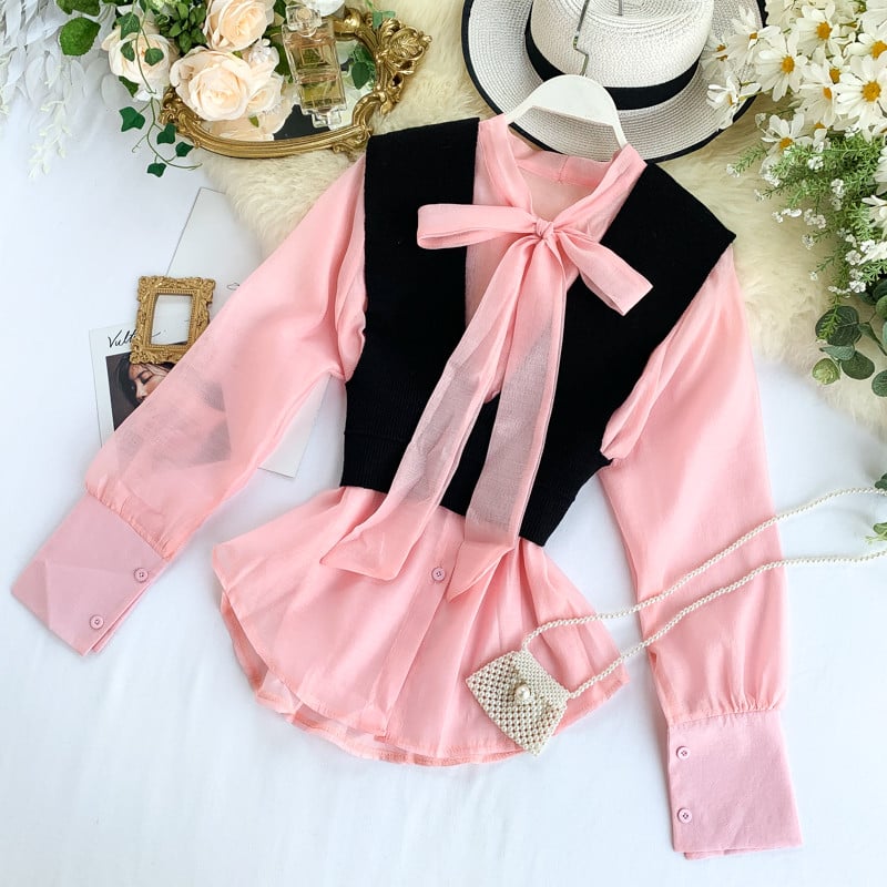 Cămașă modernă de damă cu panglică și mâneci lungi în mai multe culori