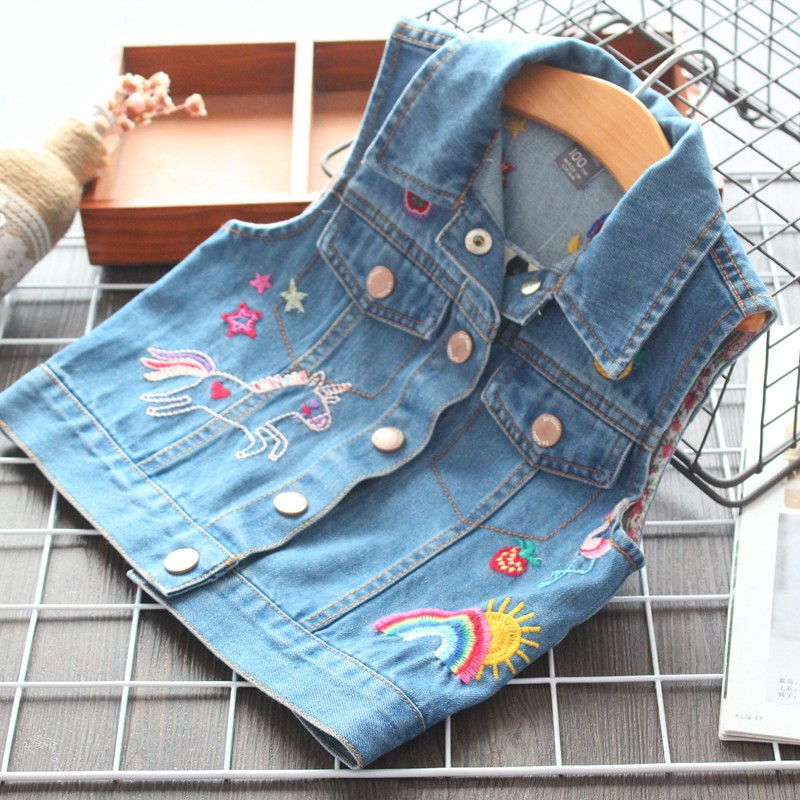 Vesta pentru copii model nou pentru fete cu guler clasic si broderie in albastru