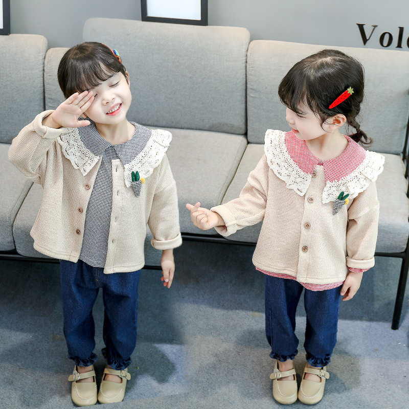 Νέο μοντέλο παιδικό σετ τριών τεμαχίων μπλούζα + τζιν + ζακέτα για τα κορίτσια - τρία χρώματα