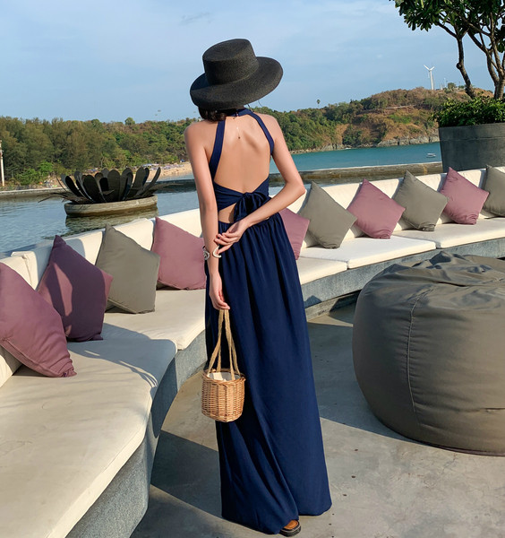 Rochie moderna de dama lunga in albastru cu model floral