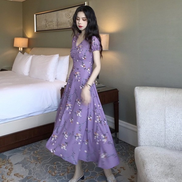 Rochie casual de dama cu model floral de culoare mov