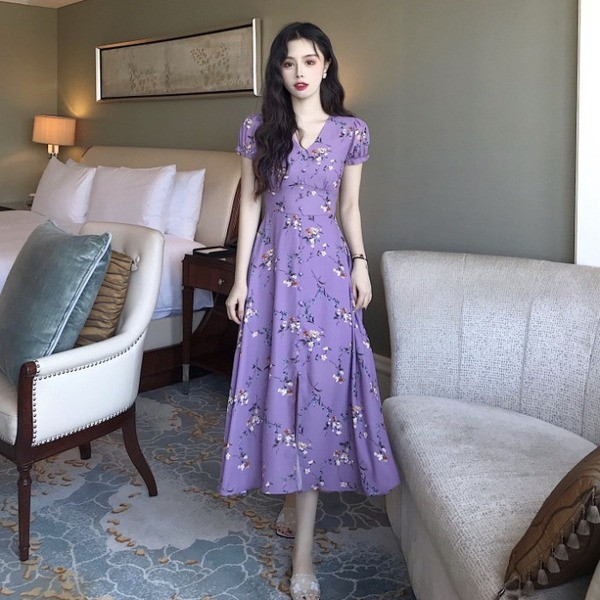 Rochie casual de dama cu model floral de culoare mov