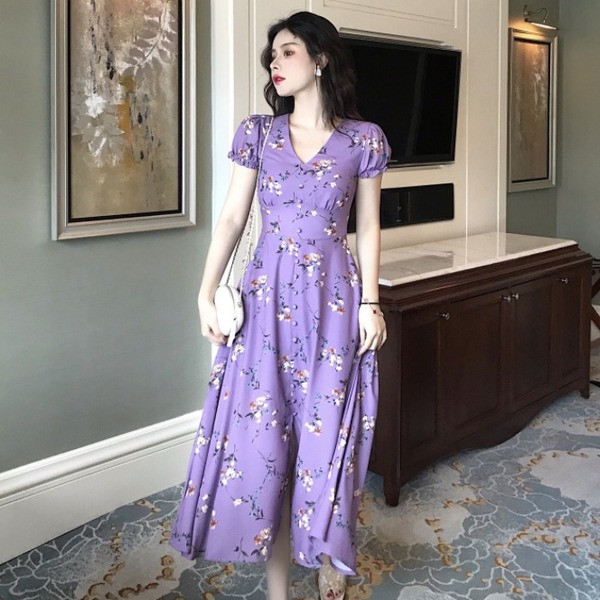 Rochie casual de dama cu model floral de culoare mov