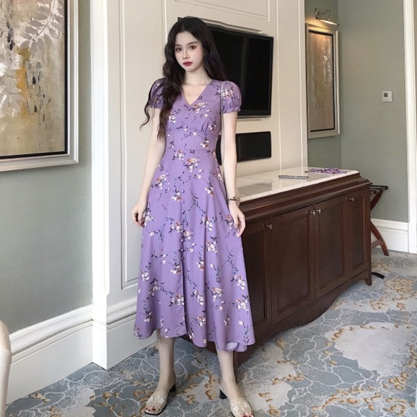 Rochie casual de dama cu model floral de culoare mov