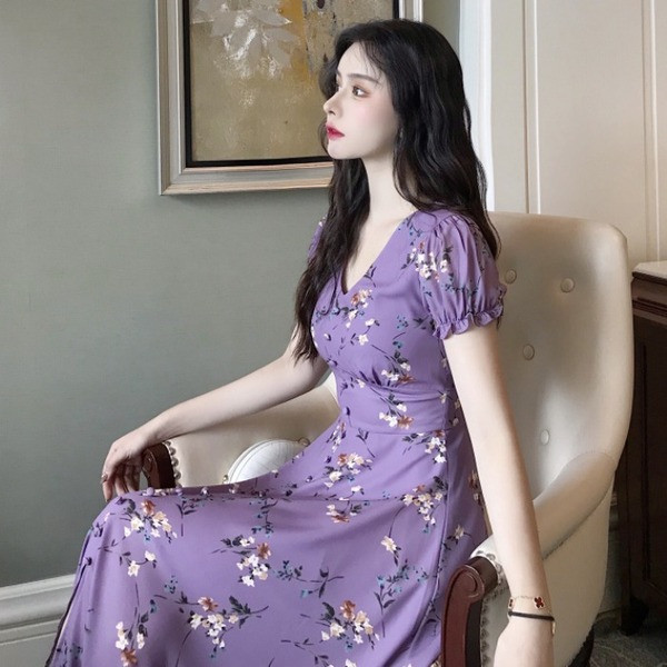 Rochie casual de dama cu model floral de culoare mov