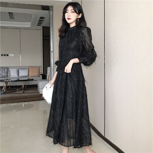 Rochie lunga de dama in doua culori cu maneci lungi