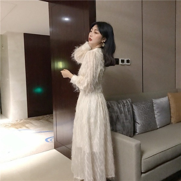 Rochie lunga de dama in doua culori cu maneci lungi