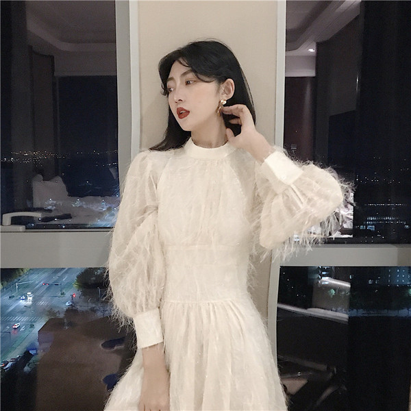 Rochie lunga de dama in doua culori cu maneci lungi