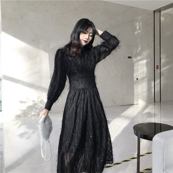 Rochie lunga de dama in doua culori cu maneci lungi