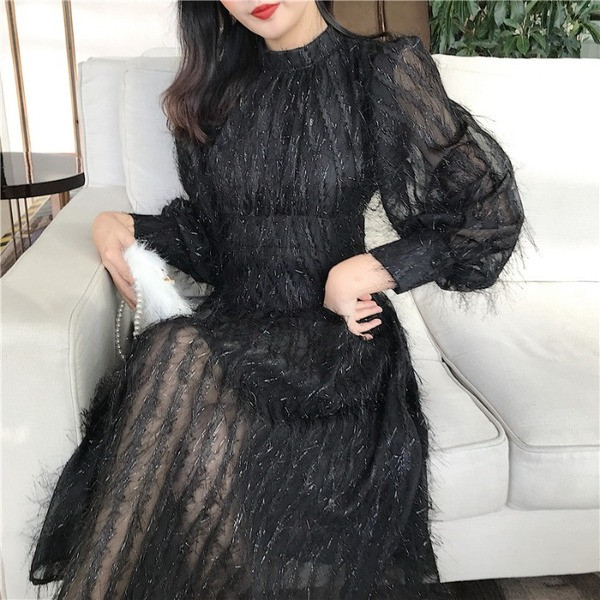 Rochie lunga de dama in doua culori cu maneci lungi