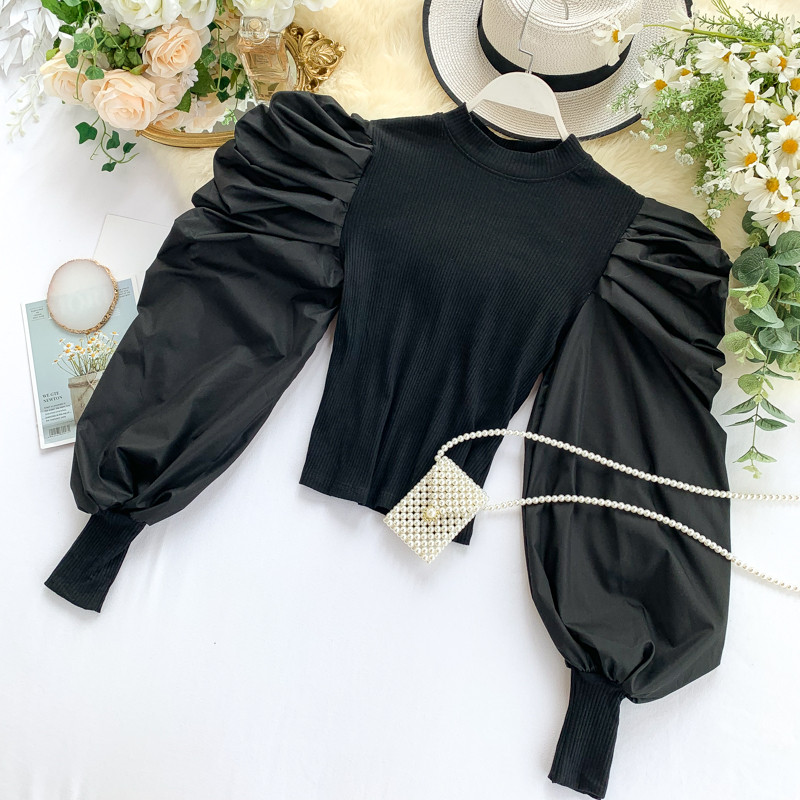 Bluză de damă model nou cu mâneci largi în alb și negru