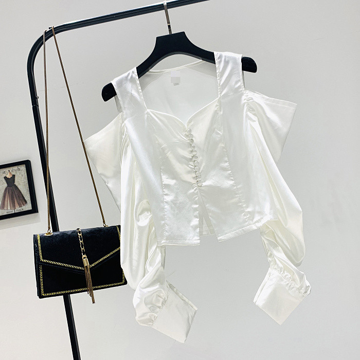 Cămașă modernă de damă în alb-negru cu umerii goi