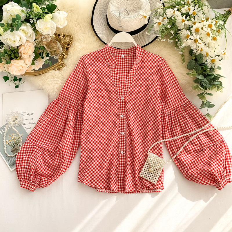 Cămașă casual de damă în carouri, cu nasturi și mâneci largi