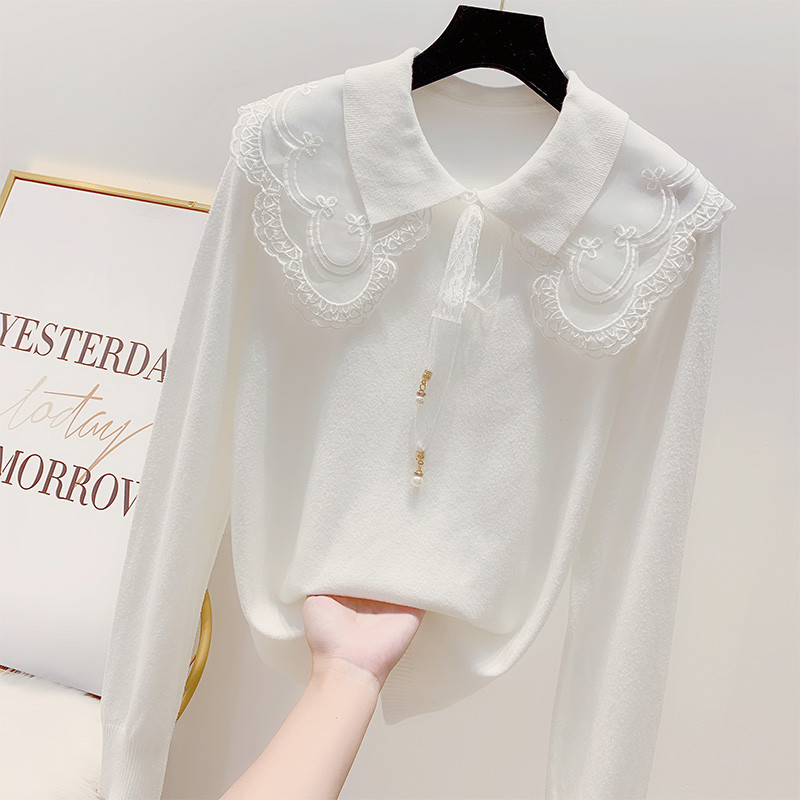 Pulover de dama modern cu dantela si guler in mai multe culori