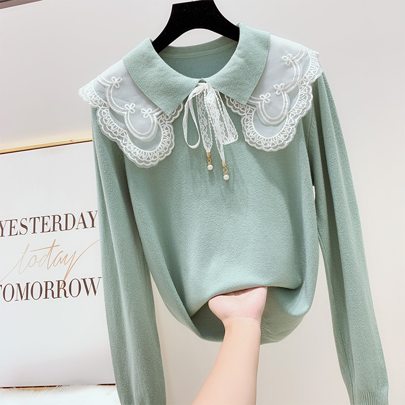 Pulover de dama modern cu dantela si guler in mai multe culori