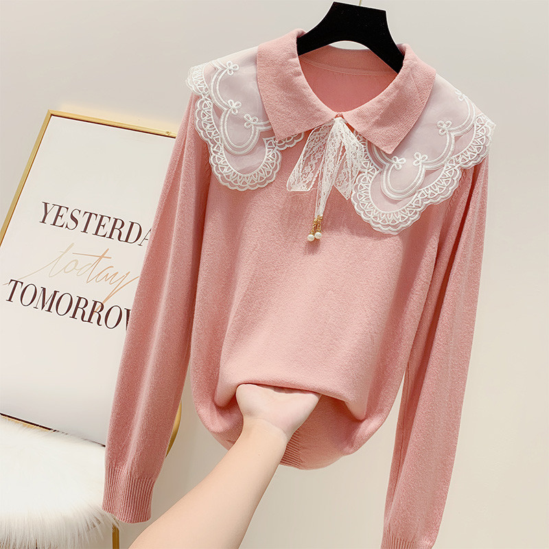 Pulover de dama modern cu dantela si guler in mai multe culori